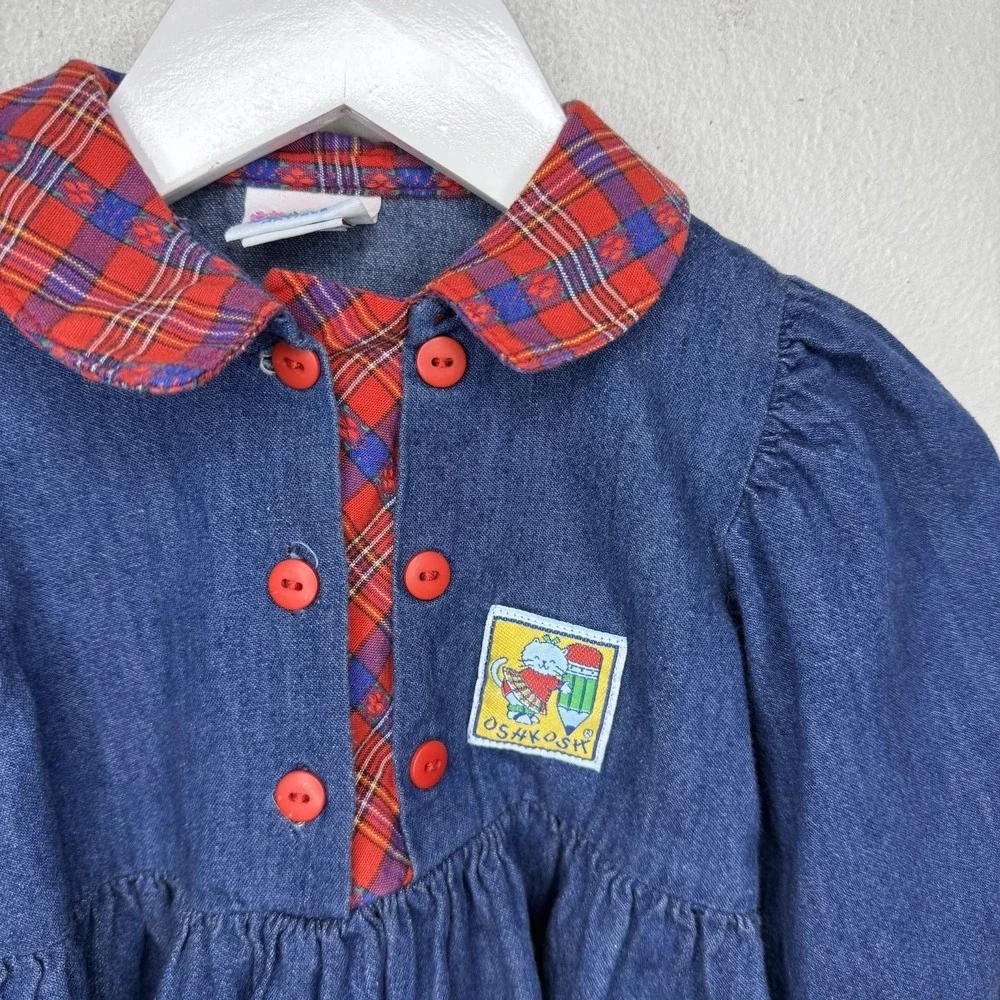 Vintage Oshkosh Denim Red Plaid‎ Collar Button Up Dress Girls 2T Christmas Party